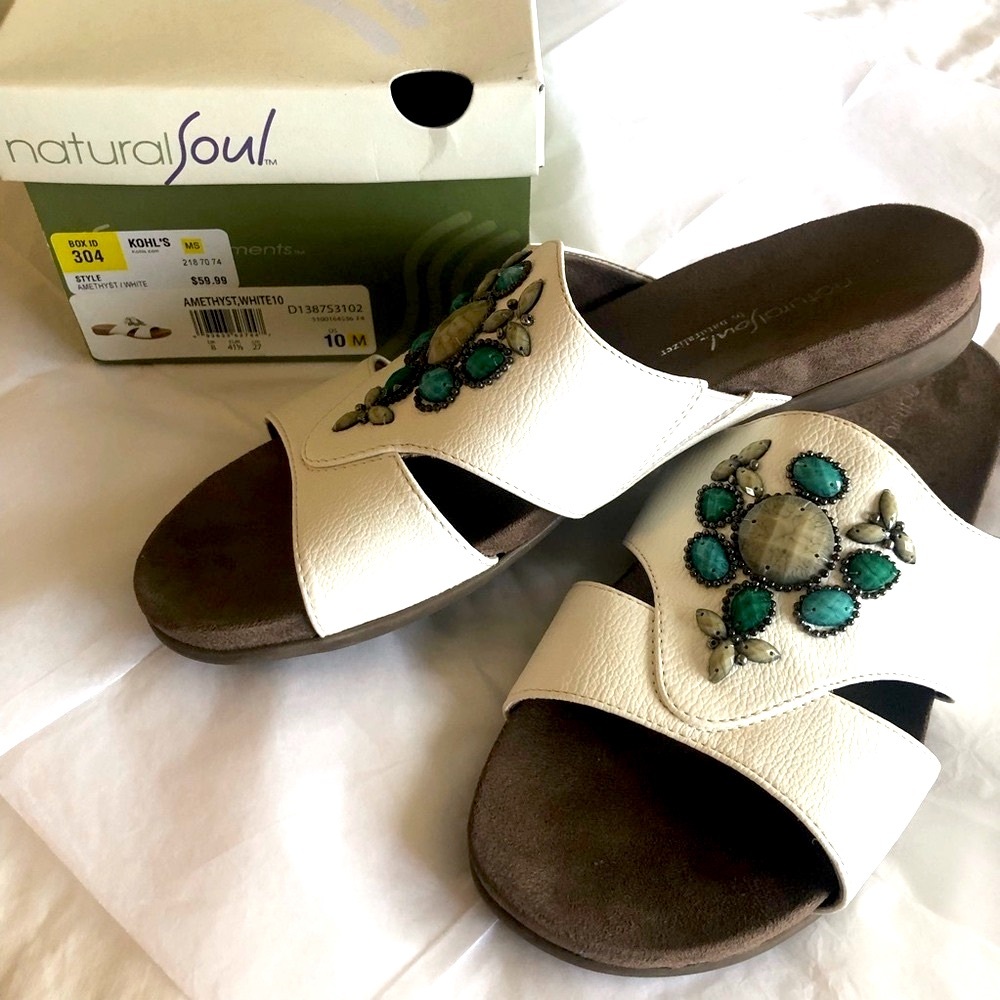 Women's White and Green Embellished Comfort Sandals - Picture 2 of 10